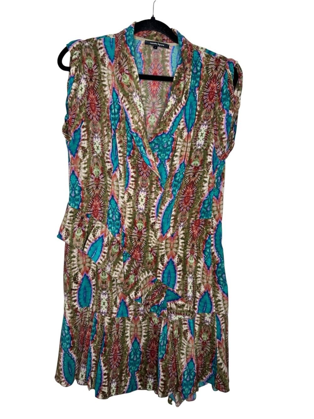 NANETTE LEPORE / brown blue pink tie dye ruffle 100% silk dress / 8